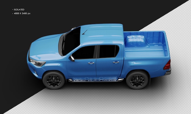 Isolated Realistic Shiny blue Modern Double Cabin Pickup Truck from Top Left View