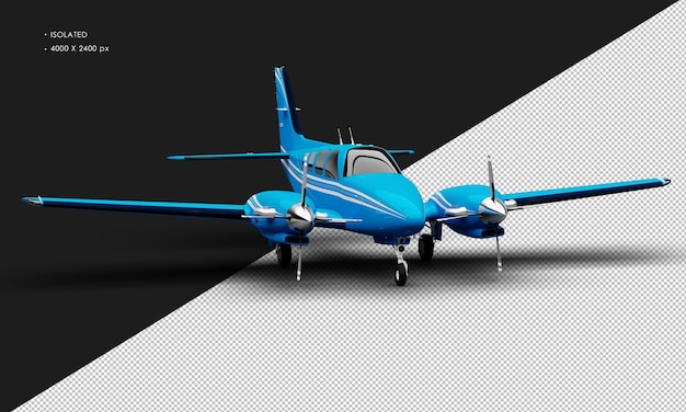 Isolated Realistic Shiny blue Twin Propeller Dual Engine Airplane from Right Front Angle View