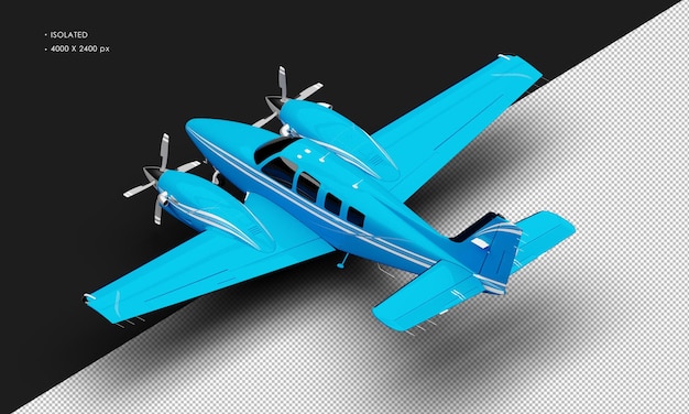 Isolated Realistic Shiny blue Twin Propeller Dual Engine Airplane from Top Left Rear View