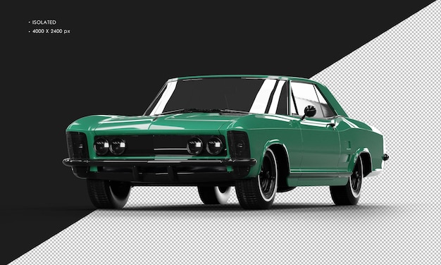 Isolated Realistic Shiny green Classic Elegant Sedan Car from Left Front Angle View