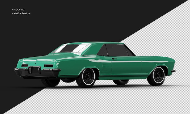 Isolated Realistic Shiny green Classic Elegant Sedan Car from Right Rear View