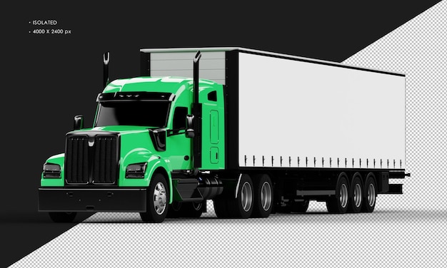 Isolated Realistic Shiny Green Long Trailer Truck From Left Front Angle View