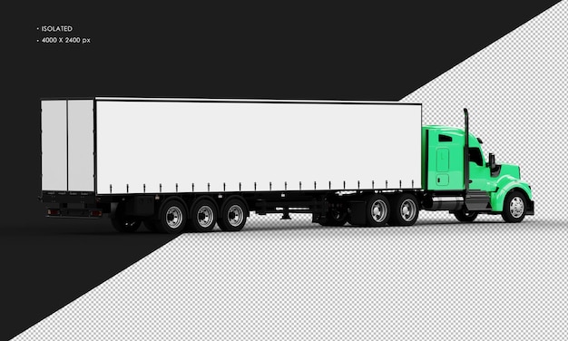 Isolated Realistic Shiny Green Long Trailer Truck From Right Rear View