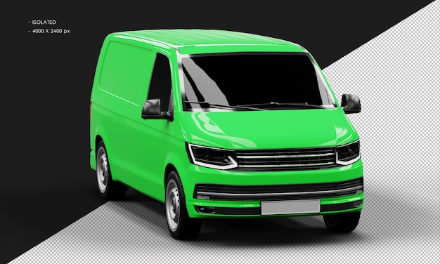 Isolated Realistic Shiny Green Transport Van from Right Front Angle View