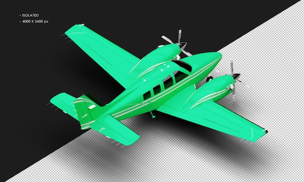 PSD isolated realistic shiny green twin propeller dual engine airplane from top right rear view