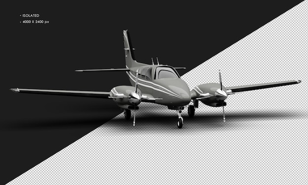 Isolated Realistic Shiny grey Twin Propeller Dual Engine Airplane from Right Front Angle View