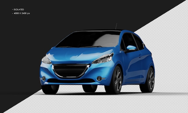 Isolated Realistic Shiny Metalic Blue Modern Small City Car From Left Front Angle View