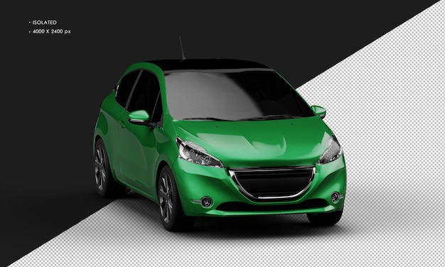 Isolated Realistic Shiny Metalic Green Modern Small City Car From Right Front Angle View