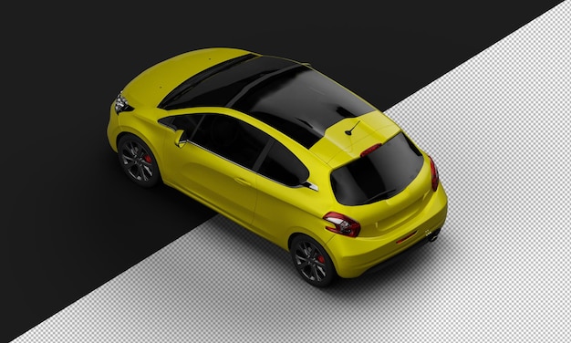 Isolated Realistic Shiny Metalic Yellow Modern Small City Car From Top Left Rear View