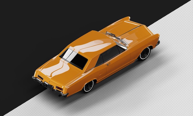 Isolated Realistic Shiny orange Classic Elegant Sedan Car from Top Right Rear View