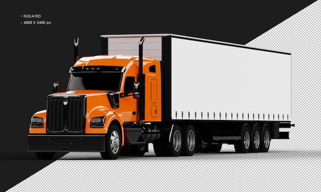 Isolated Realistic Shiny Orange Long Trailer Truck From Left Front Angle View