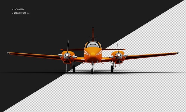 Isolated Realistic Shiny orange Twin Propeller Dual Engine Airplane from Front View