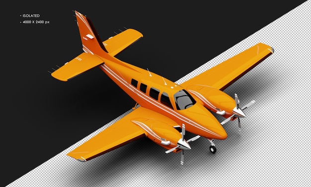 Isolated Realistic Shiny orange Twin Propeller Dual Engine Airplane from Top Right Front View