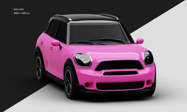 Isolated Realistic Shiny pink Mini City Car from Right Front Angle View