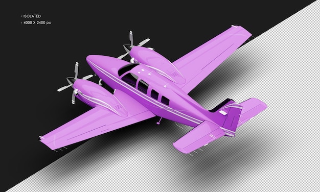 Isolated Realistic Shiny purple Twin Propeller Dual Engine Airplane from Top Left Rear View