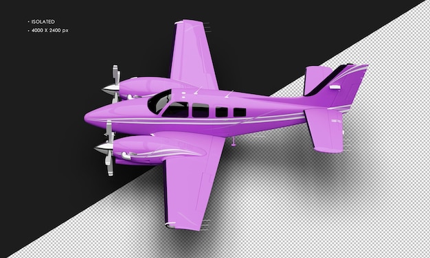 PSD isolated realistic shiny purple twin propeller dual engine airplane from top left view