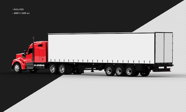 Isolated Realistic Shiny Red Long Trailer Truck From Left Rear View