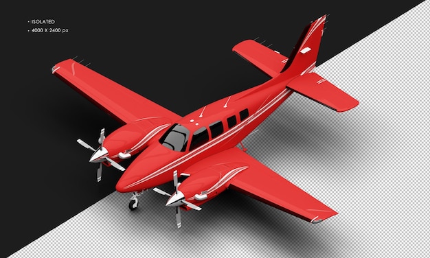 Isolated Realistic Shiny red Twin Propeller Dual Engine Airplane from Top Left Front View