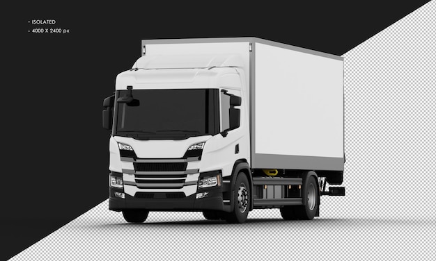 Isolated Realistic Shiny white Big Box Transit Truck from Left Front Angle View