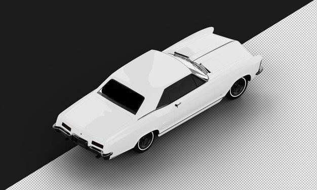 Isolated Realistic Shiny White Classic Elegant Sedan Car from Top Right Rear View