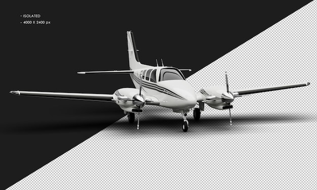 Isolated Realistic Shiny white Twin Propeller Dual Engine Airplane from Right Front Angle View