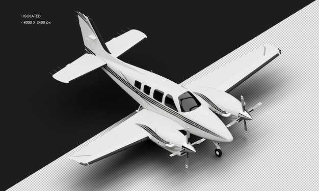 Isolated Realistic Shiny white Twin Propeller Dual Engine Airplane from Top Right Front View