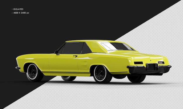 Isolated Realistic Shiny yellow Classic Elegant Sedan Car from Left Rear View