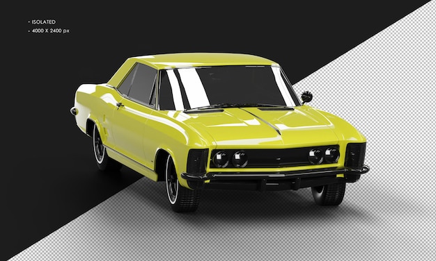 Isolated Realistic Shiny yellow Classic Elegant Sedan Car from Right Front Angle View