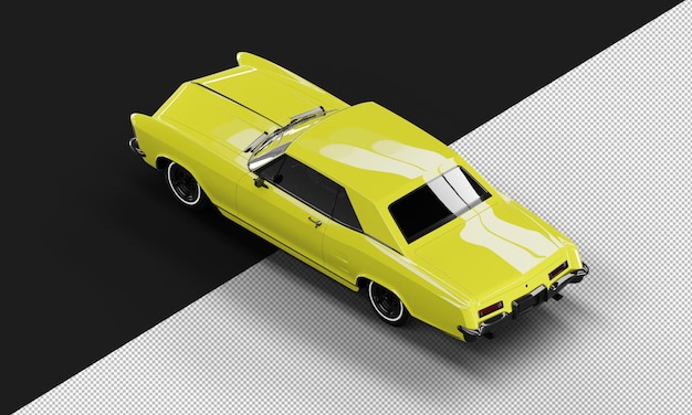 Isolated Realistic Shiny yellow Classic Elegant Sedan Car from Top Left Rear View