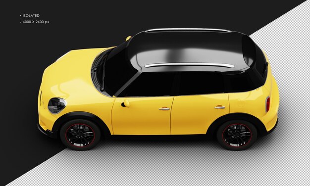 Isolated Realistic Shiny yellow Mini City Car from Top Left View