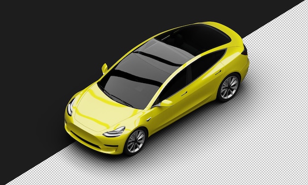 Isolated Realistic Shiny yellow Modern Electric City Sedan Car from Top Left Front View