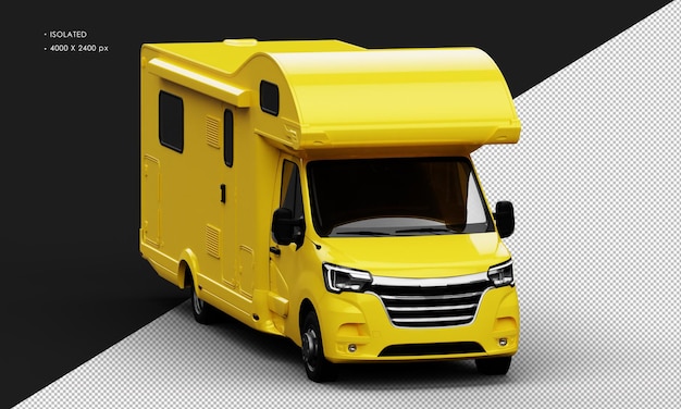 Isolated Realistic Shiny Yellow Travel Camper Van Car from Right Front Angle View