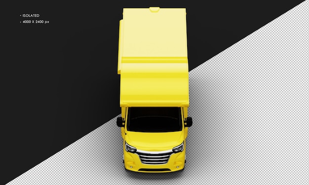 Isolated Realistic Shiny Yellow Travel Camper Van Car from Top Front View