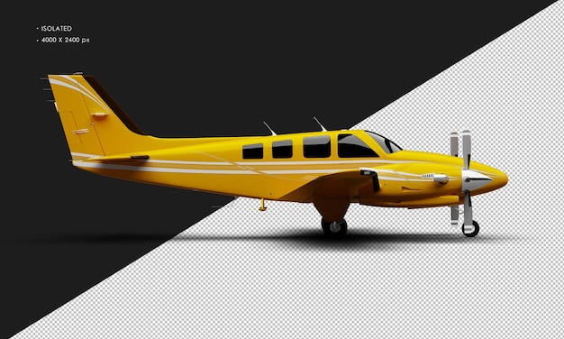 Isolated Realistic Shiny yellow Twin Propeller Dual Engine Airplane from Right Side View