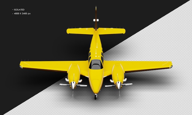 Isolated Realistic Shiny yellow Twin Propeller Dual Engine Airplane from Top Front View