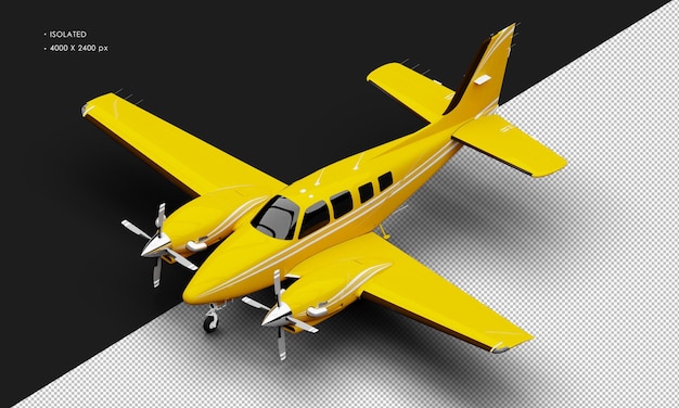 Isolated Realistic Shiny yellow Twin Propeller Dual Engine Airplane from Top Left Front View