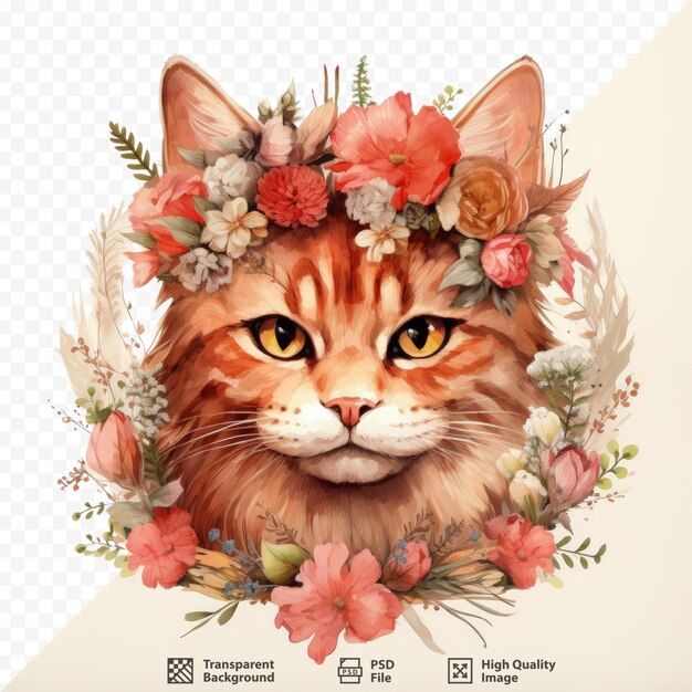 PSD isolated red cat wearing flower wreath on transparent background