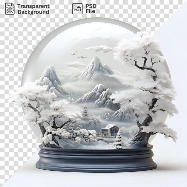 PSD isolated snow globe on black base surrounded by white trees and a small white house with a flying bird in the background