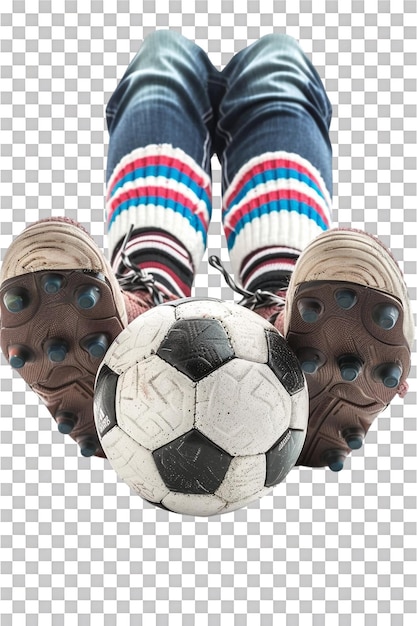 PSD isolated soccer players feet with ball against transparent background