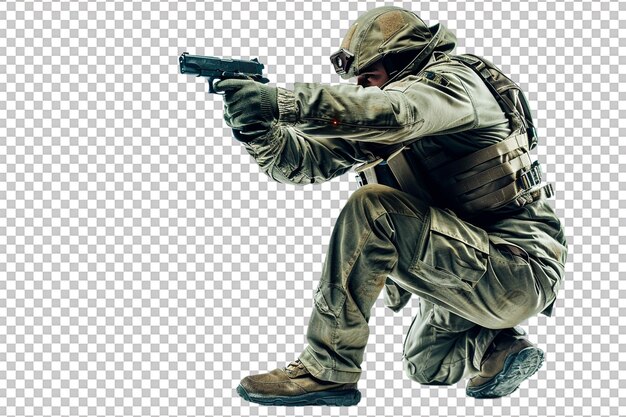 PSD isolated soldier crouching and firing a gun against transparent background