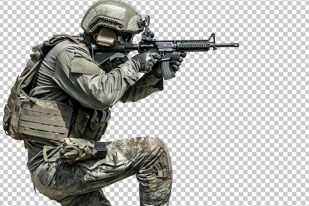 PSD isolated soldier crouching and firing a gun against transparent background