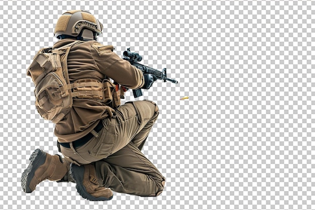 PSD isolated soldier crouching and firing a gun against transparent background