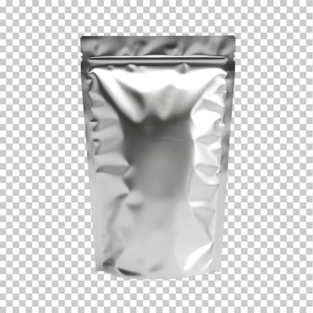 PSD isolated standup silver pouch mockup on transparent background