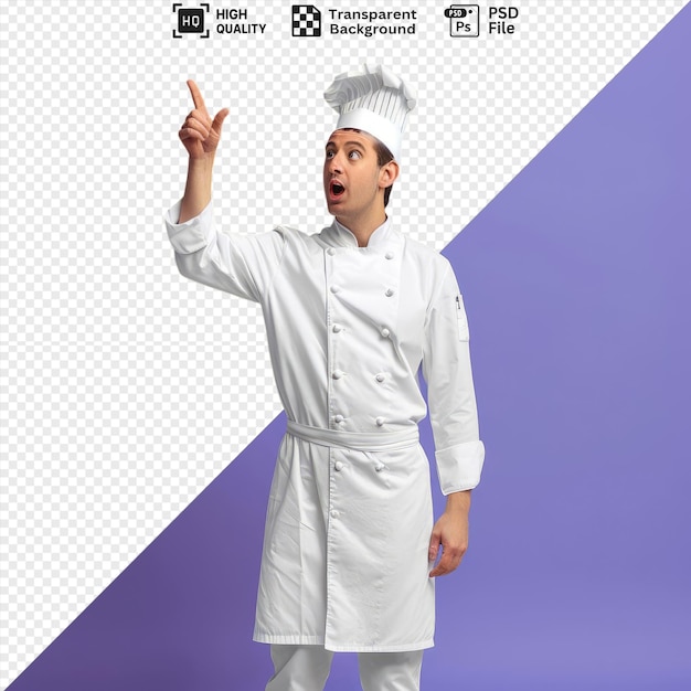 PSD isolated surprised young male chef wearing uniform looking camera pointing up with raised hand and white hat standing in front of purple wall with open mouth and ear visible