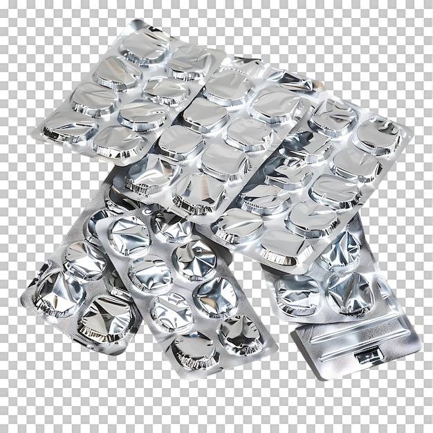 Isolated tablets in aluminum foil strip over transparent background Ai generated