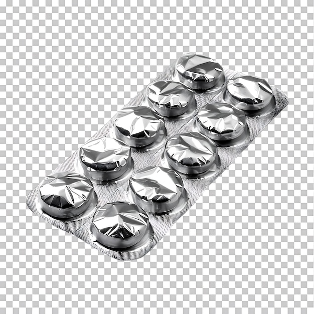 Isolated tablets in aluminum foil strip over transparent background Ai generated