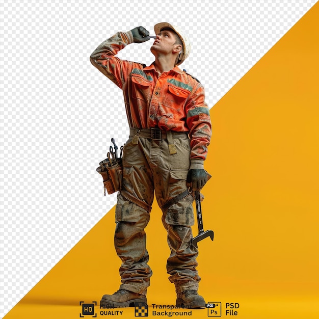 isolated thinking looking side young builder man uniform holding wrenches on a yellow background