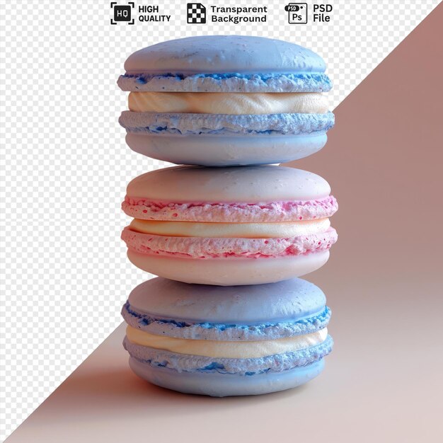 isolated three french macarons stacked on top of each other against a pink wall with a white donut in the foreground and a dark shadow in the background png psd