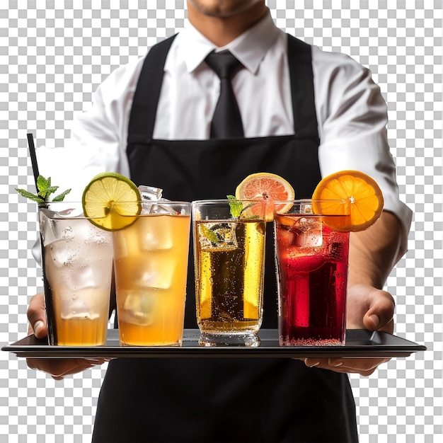 PSD isolated waiter holding tray of drinks against transparent background