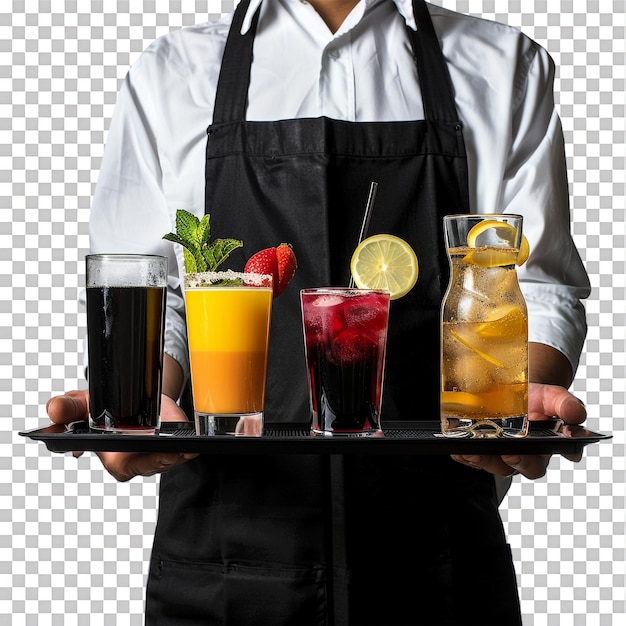 PSD isolated waiter holding tray of drinks against transparent background